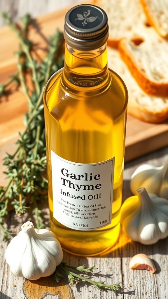 Bottle of garlic thyme infused olive oil with garlic and thyme, alongside crusty bread.